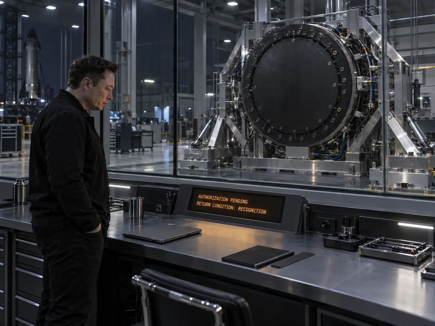 X beside a diagnostic bench in a restricted aerospace test bay; the return system remains closed with authorization pending.