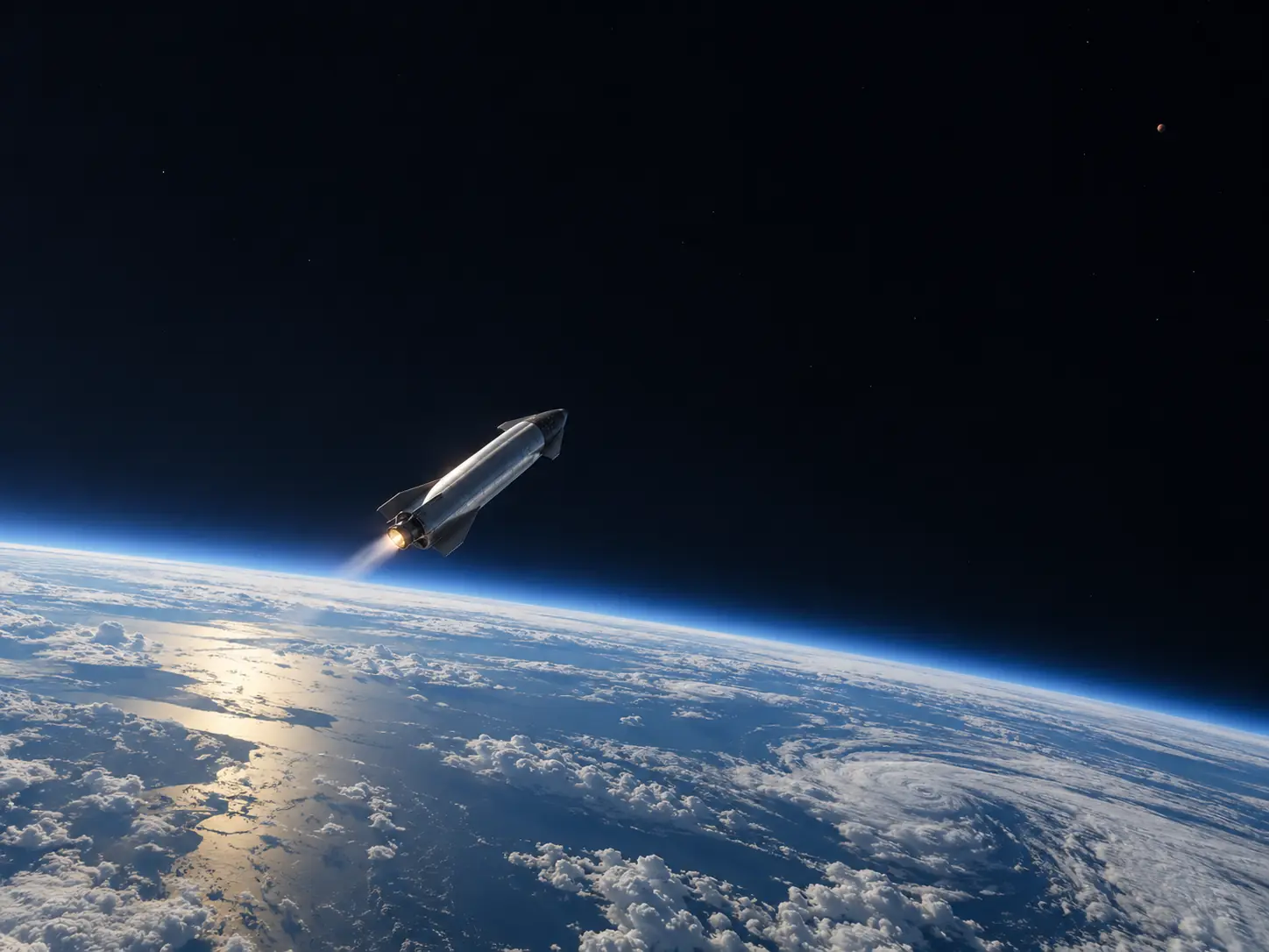 Starship above Earth’s blue atmospheric edge, beginning an outward attempt toward a small, distant Mars.