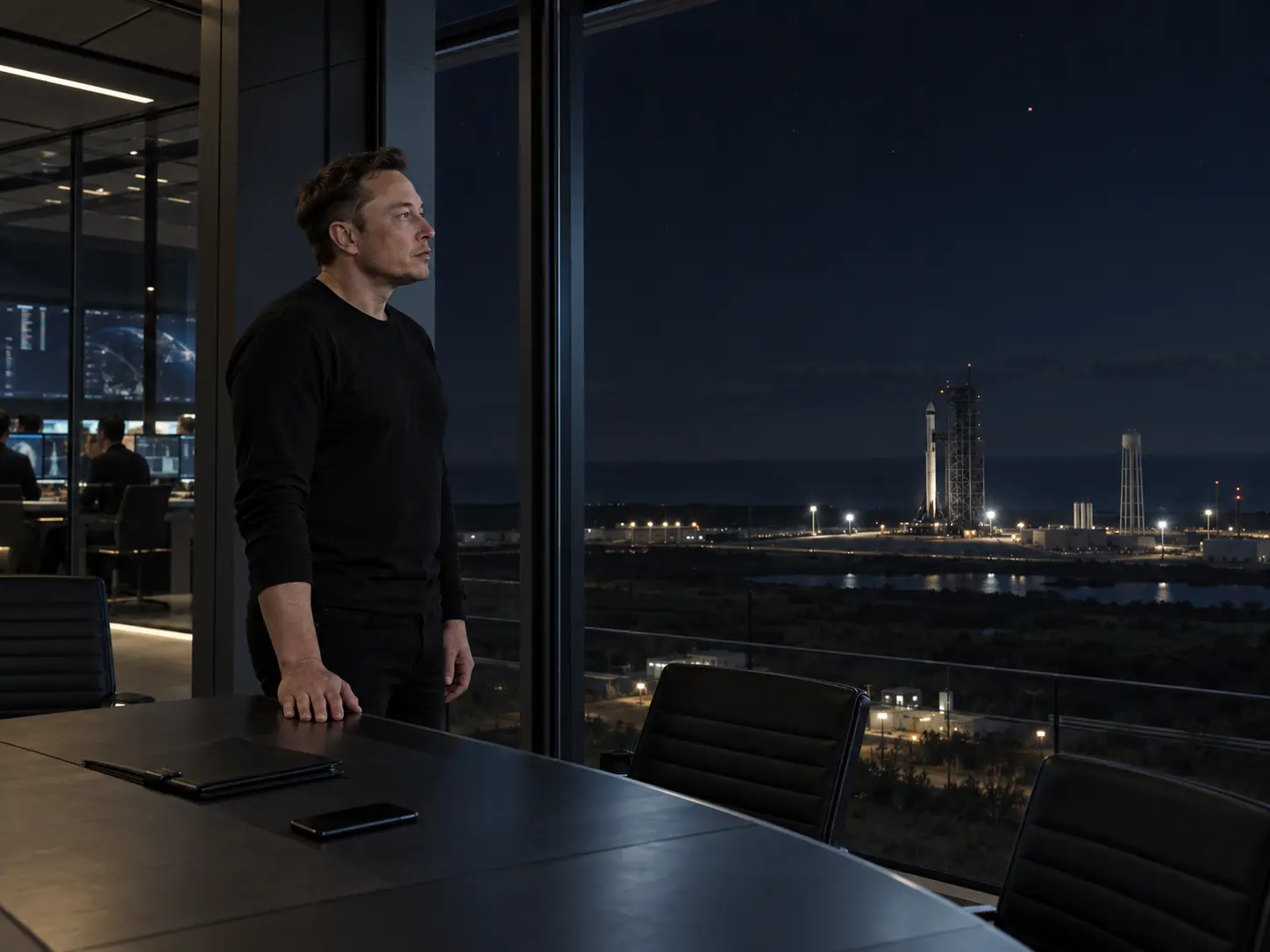 X waiting in a private Earth-side mission-control gallery overlooking the launch complex and the unanswered night sky.
